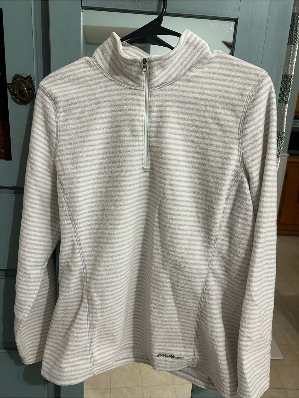 Eddie Bauer Women's Light Gray & White Striped Half-Zip Turtleneck Pullover